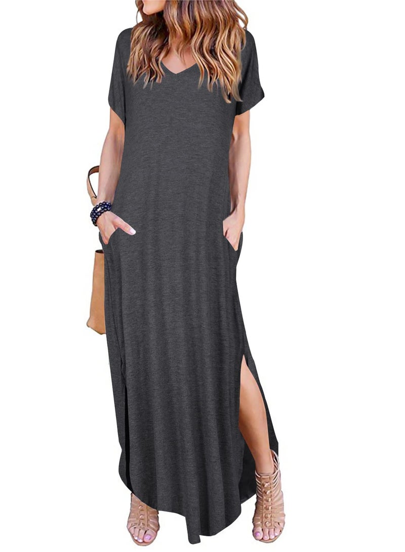 Arolina Women Summer Maxi Dress Short Sleeve V Neck Casual Loose Long Split Dresses Beach Vacation Sundress with Pockets Dark Grey - Image 1